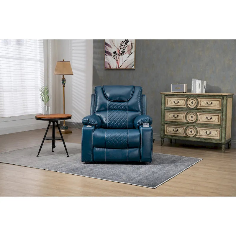Poltrona reclinabile blu oversize in pelle PU con alzata assistita, massaggio e calore, 1 persona