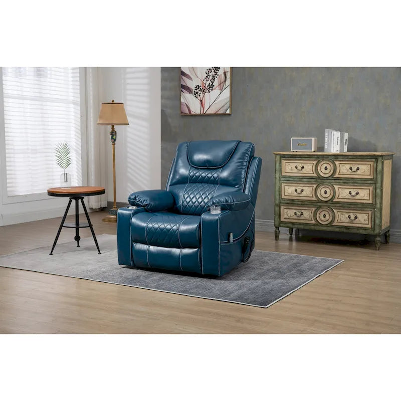 Poltrona reclinabile blu oversize in pelle PU con alzata assistita, massaggio e calore, 1 persona