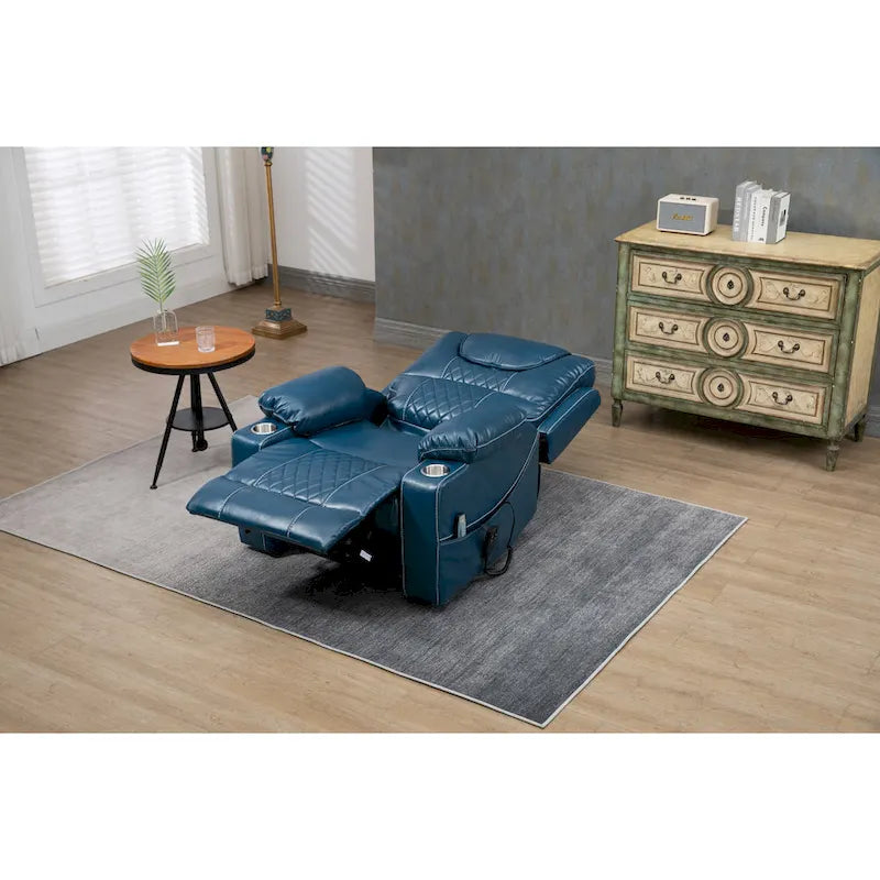 Poltrona reclinabile blu oversize in pelle PU con alzata assistita, massaggio e calore, 1 persona