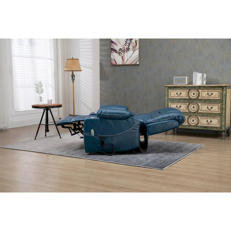 Poltrona reclinabile blu oversize in pelle PU con alzata assistita, massaggio e calore, 1 persona