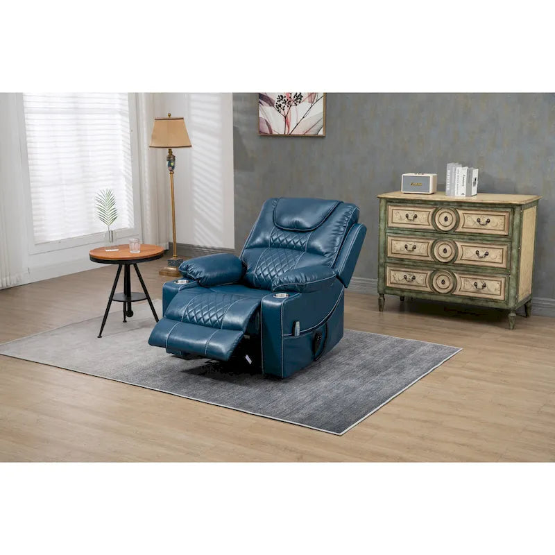 Poltrona reclinabile blu oversize in pelle PU con alzata assistita, massaggio e calore, 1 persona