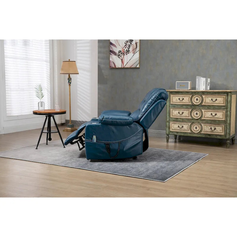Poltrona reclinabile blu oversize in pelle PU con alzata assistita, massaggio e calore, 1 persona