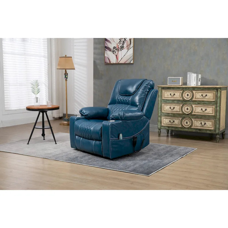 Poltrona reclinabile blu oversize in pelle PU con alzata assistita, massaggio e calore, 1 persona