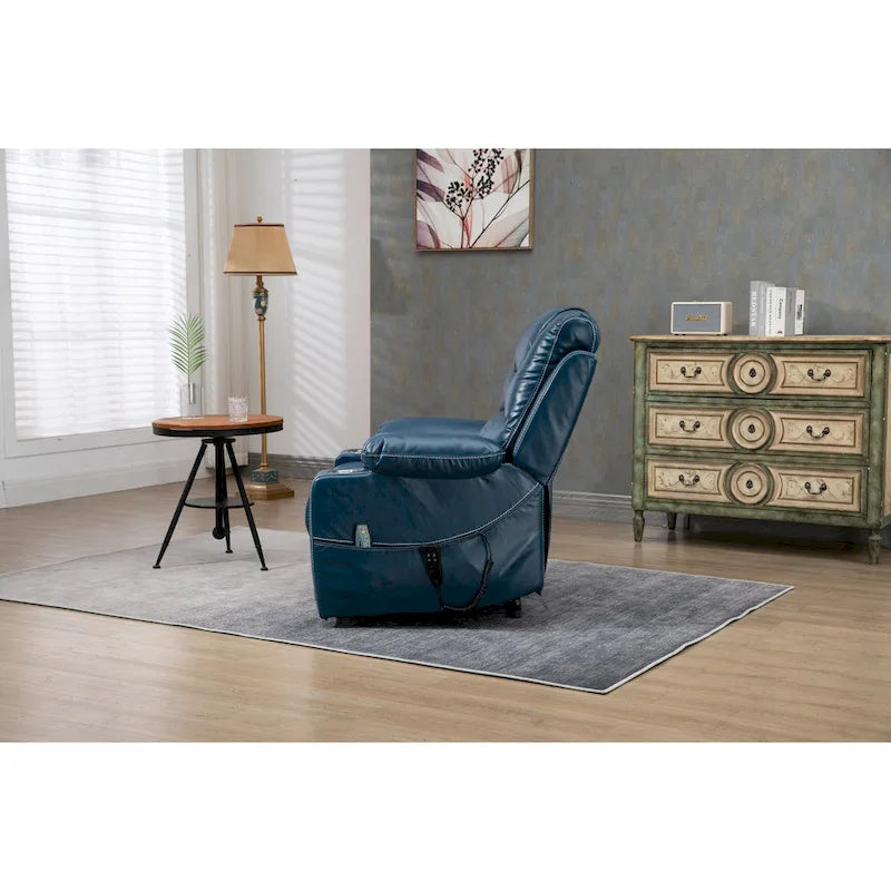 Poltrona reclinabile blu oversize in pelle PU con alzata assistita, massaggio e calore, 1 persona