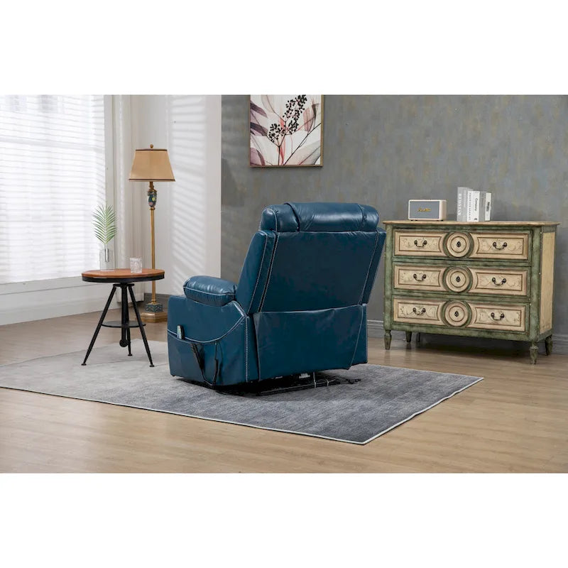 Poltrona reclinabile blu oversize in pelle PU con alzata assistita, massaggio e calore, 1 persona