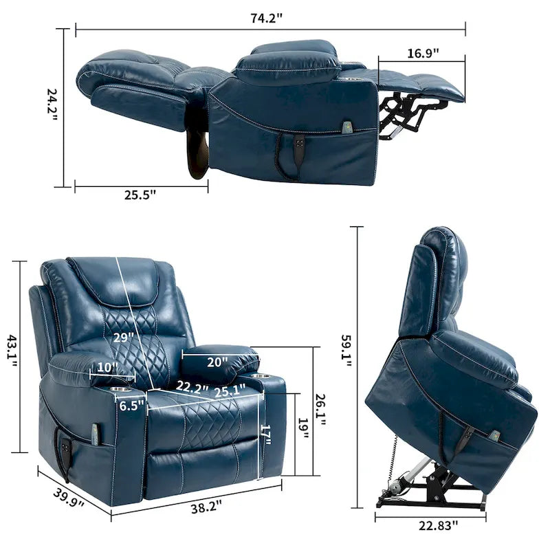 Poltrona reclinabile blu oversize in pelle PU con alzata assistita, massaggio e calore, 1 persona