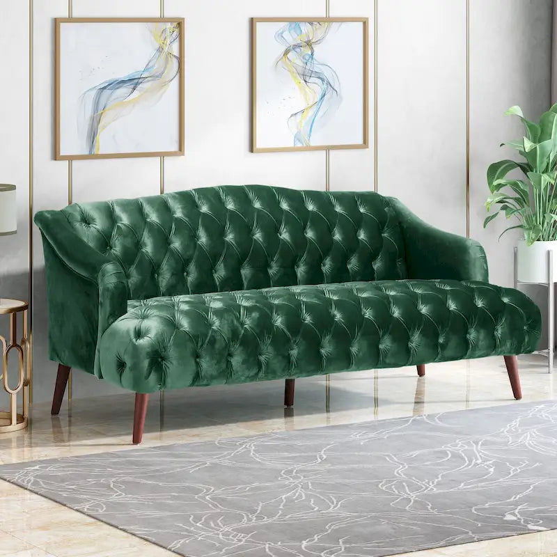 Divano a 3 posti con schienale alto e bottoni, in color bordeaux / verde smeraldo / beige, con gambe in betulla