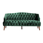 Divano a 3 posti con schienale alto e bottoni, in color bordeaux / verde smeraldo / beige, con gambe in betulla