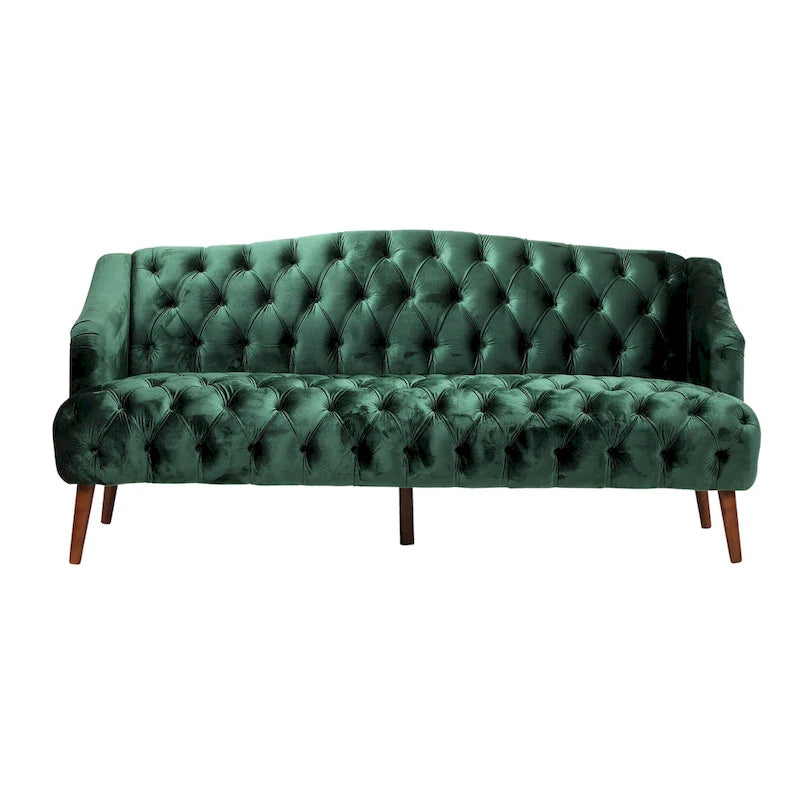 Divano a 3 posti con schienale alto e bottoni, in color bordeaux / verde smeraldo / beige, con gambe in betulla