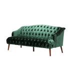 Divano a 3 posti con schienale alto e bottoni, in color bordeaux / verde smeraldo / beige, con gambe in betulla