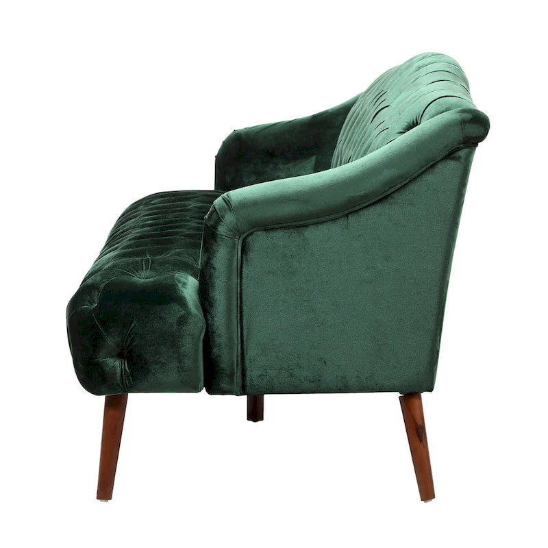 Divano a 3 posti con schienale alto e bottoni, in color bordeaux / verde smeraldo / beige, con gambe in betulla