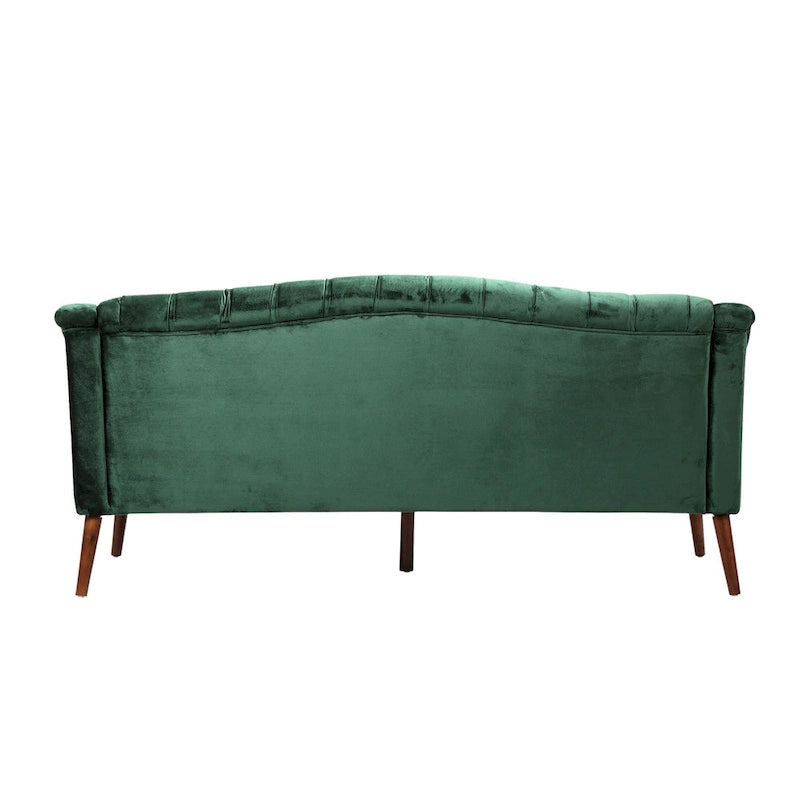 Divano a 3 posti con schienale alto e bottoni, in color bordeaux / verde smeraldo / beige, con gambe in betulla