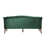 Divano a 3 posti con schienale alto e bottoni, in color bordeaux / verde smeraldo / beige, con gambe in betulla
