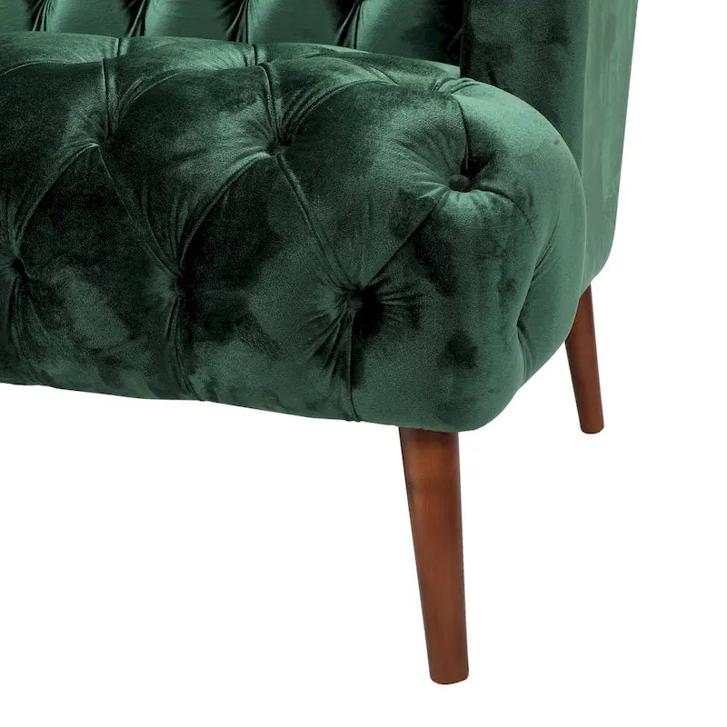 Divano a 3 posti con schienale alto e bottoni, in color bordeaux / verde smeraldo / beige, con gambe in betulla