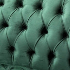 Divano a 3 posti con schienale alto e bottoni, in color bordeaux / verde smeraldo / beige, con gambe in betulla