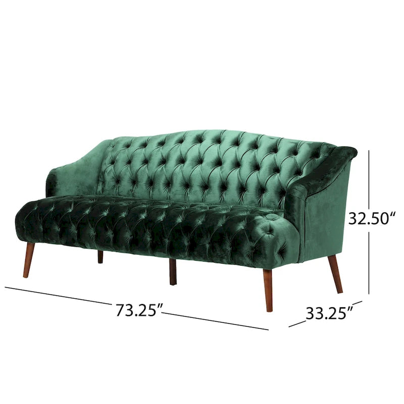 Divano a 3 posti con schienale alto e bottoni, in color bordeaux / verde smeraldo / beige, con gambe in betulla