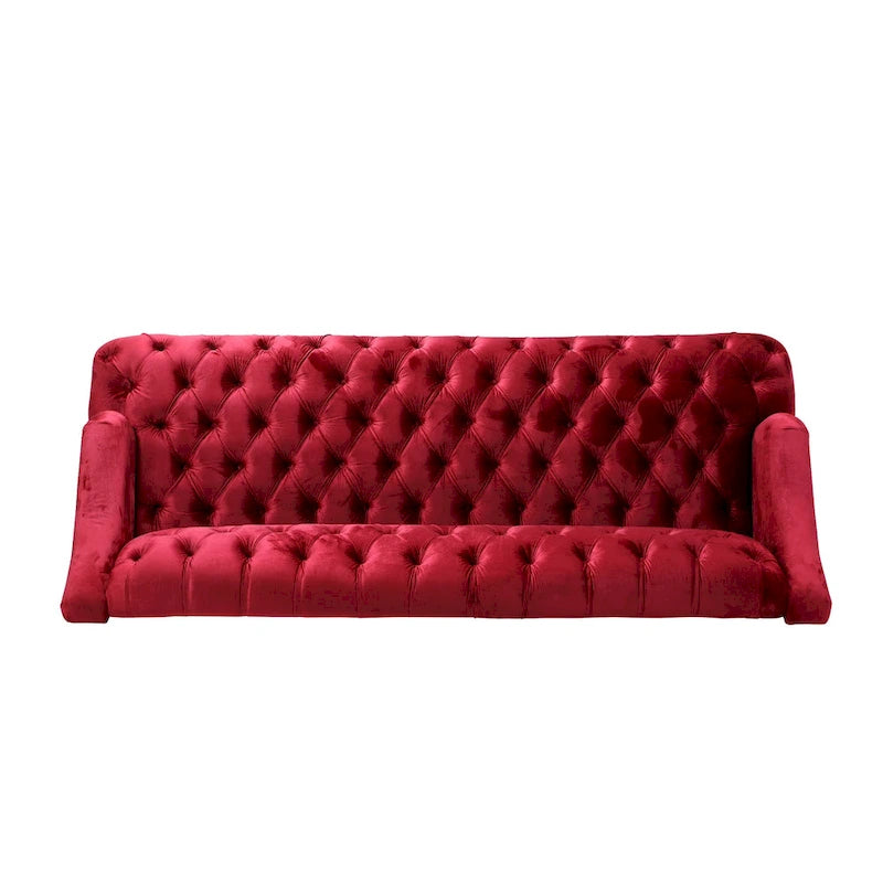 Divano a 3 posti con schienale alto e bottoni, in color bordeaux / verde smeraldo / beige, con gambe in betulla
