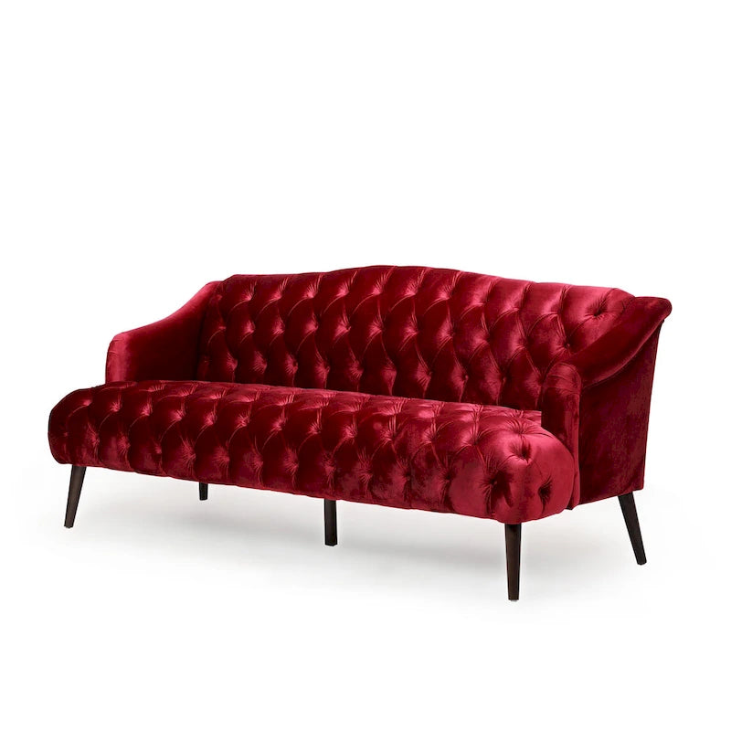 Divano a 3 posti con schienale alto e bottoni, in color bordeaux / verde smeraldo / beige, con gambe in betulla
