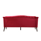 Divano a 3 posti con schienale alto e bottoni, in color bordeaux / verde smeraldo / beige, con gambe in betulla