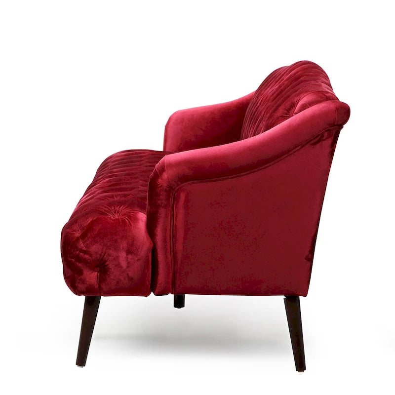 Divano a 3 posti con schienale alto e bottoni, in color bordeaux / verde smeraldo / beige, con gambe in betulla