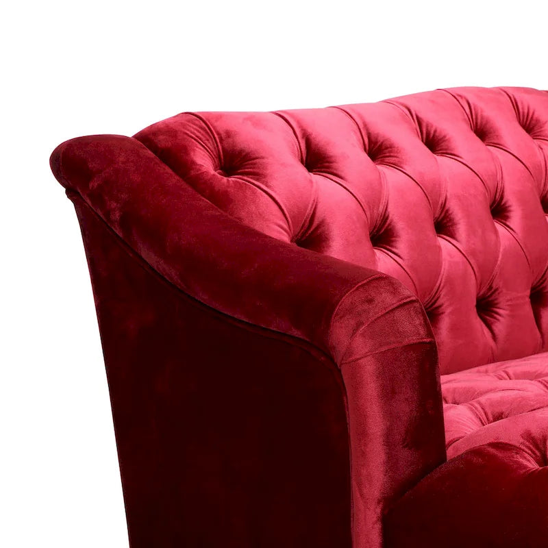 Divano a 3 posti con schienale alto e bottoni, in color bordeaux / verde smeraldo / beige, con gambe in betulla