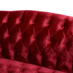 Divano a 3 posti con schienale alto e bottoni, in color bordeaux / verde smeraldo / beige, con gambe in betulla