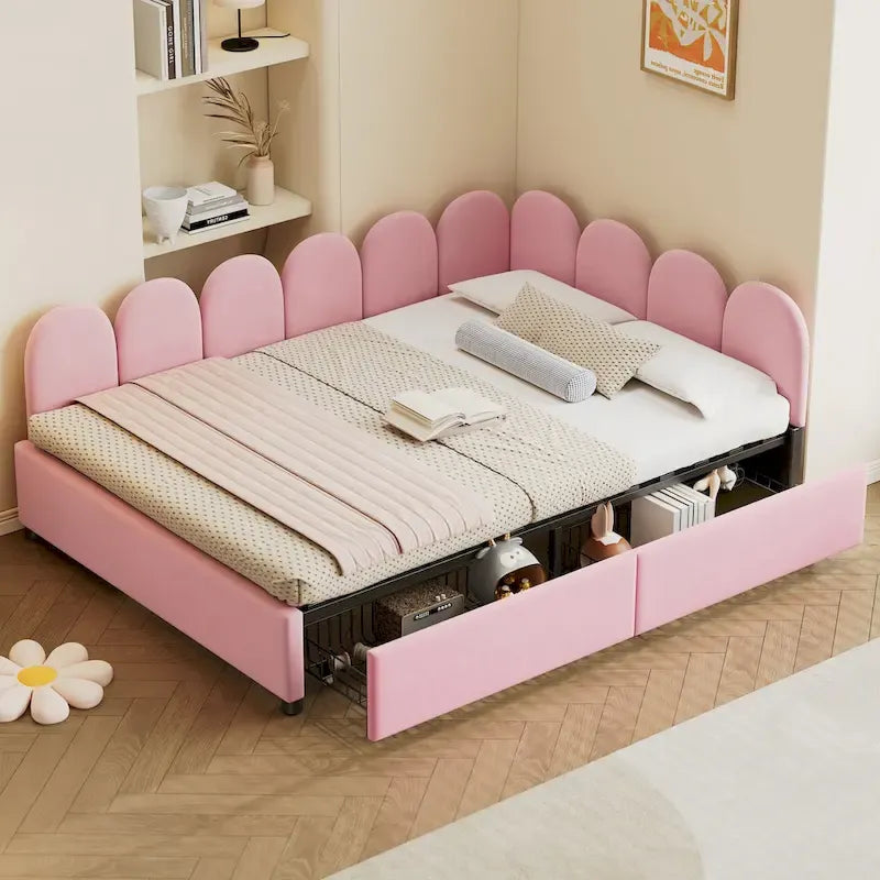 Lettino Divano Imbottito Matrimoniale Rosa in Velluto con 2 Cassetti Contenitore, per 1 Persona