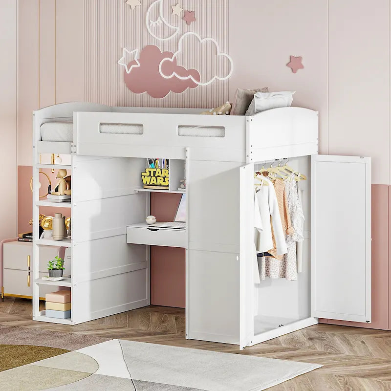 Letto a soppalco singolo bianco/grigio con scrivania, armadio e contenitore