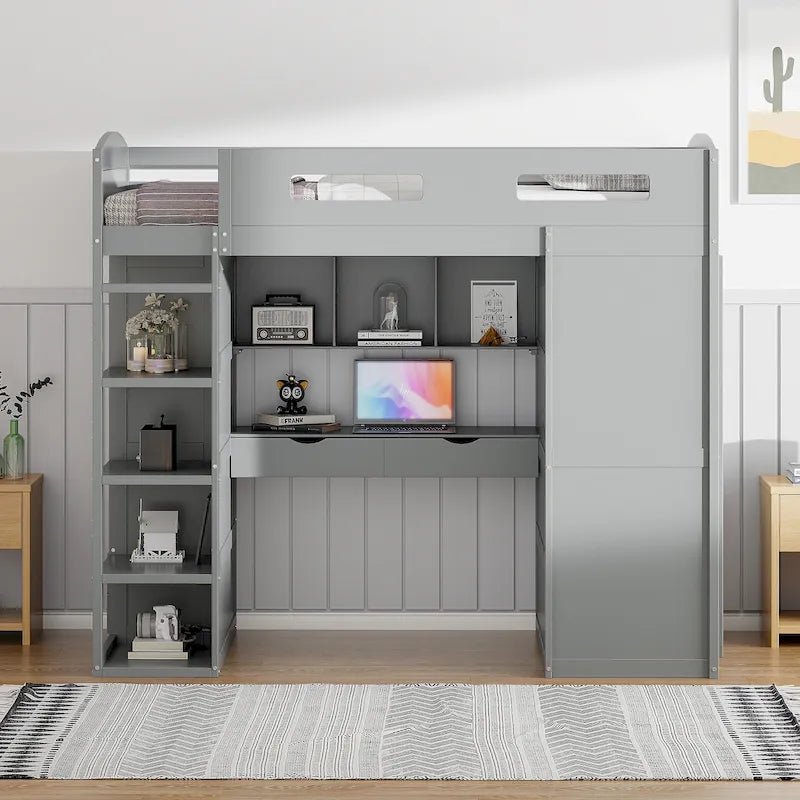 Letto a soppalco singolo bianco/grigio con scrivania, armadio e contenitore