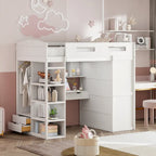 Letto a soppalco singolo bianco/grigio con scrivania, armadio e contenitore