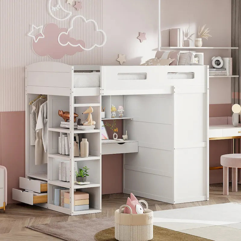 Letto a soppalco singolo bianco/grigio con scrivania, armadio e contenitore