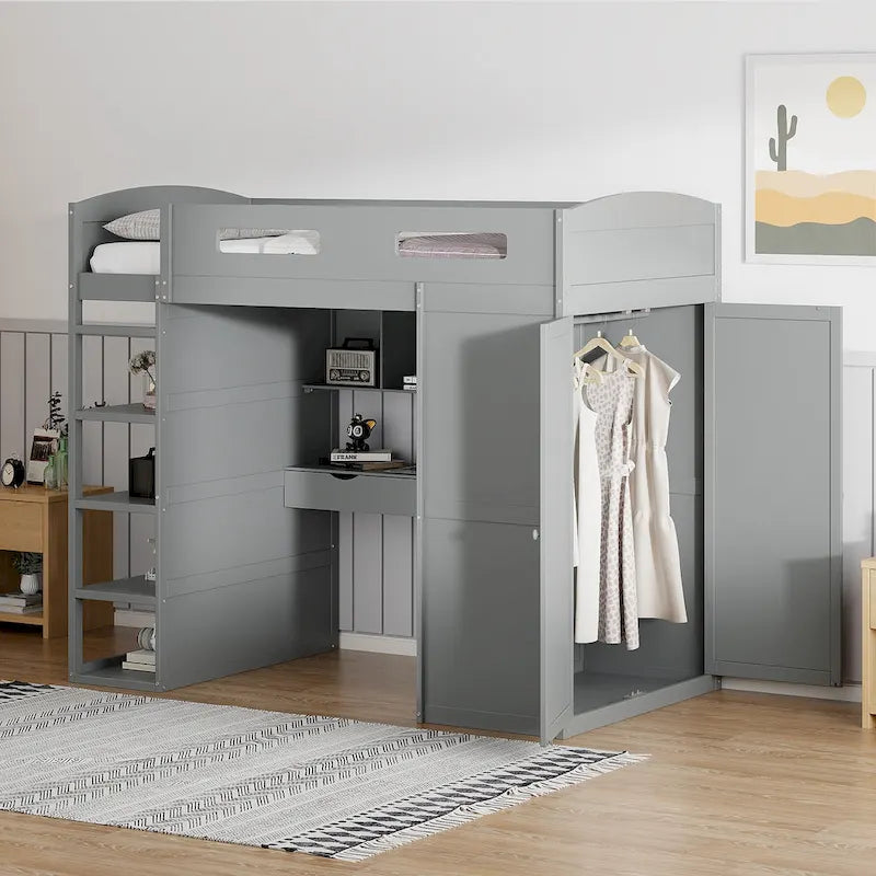 Letto a soppalco singolo bianco/grigio con scrivania, armadio e contenitore