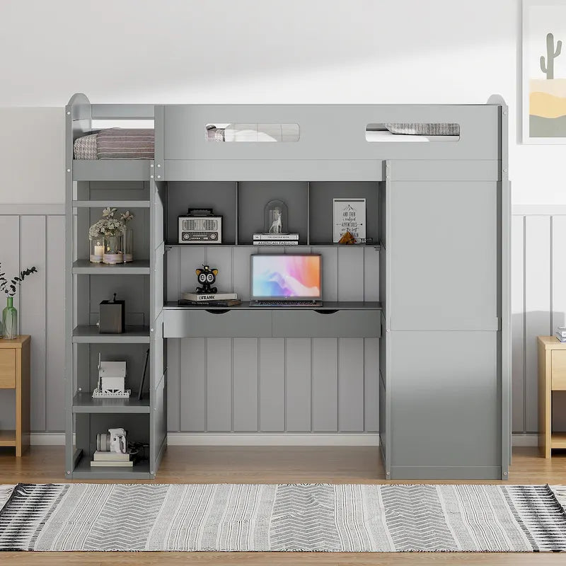 Letto a soppalco singolo bianco/grigio con scrivania, armadio e contenitore