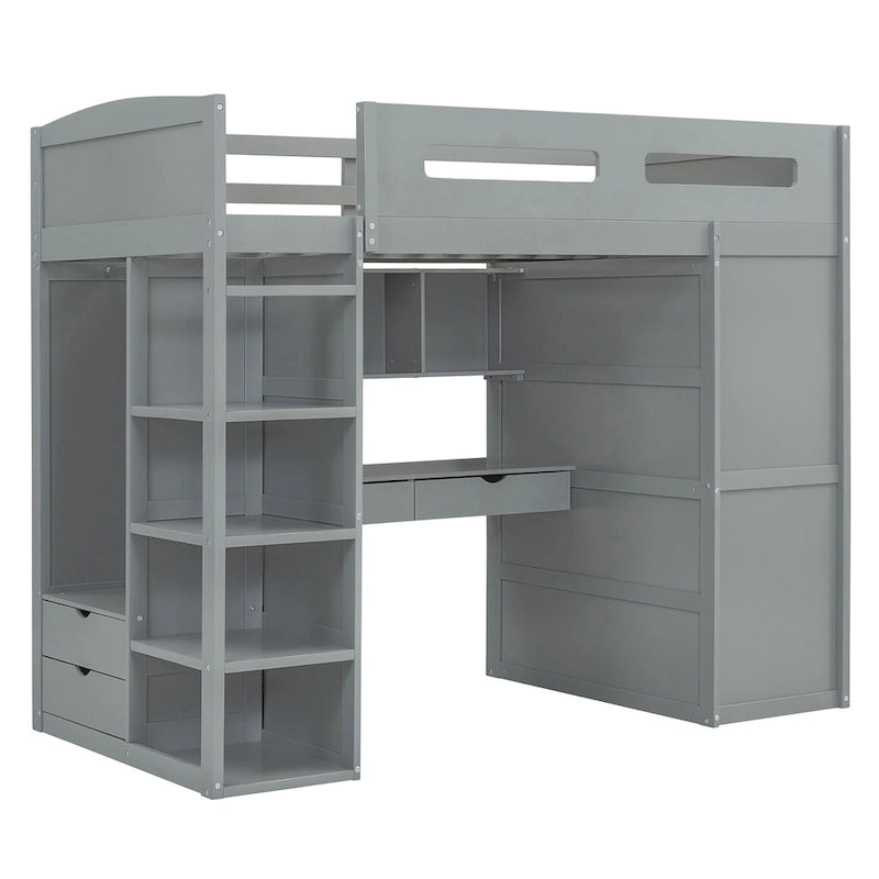 Letto a soppalco singolo bianco/grigio con scrivania, armadio e contenitore