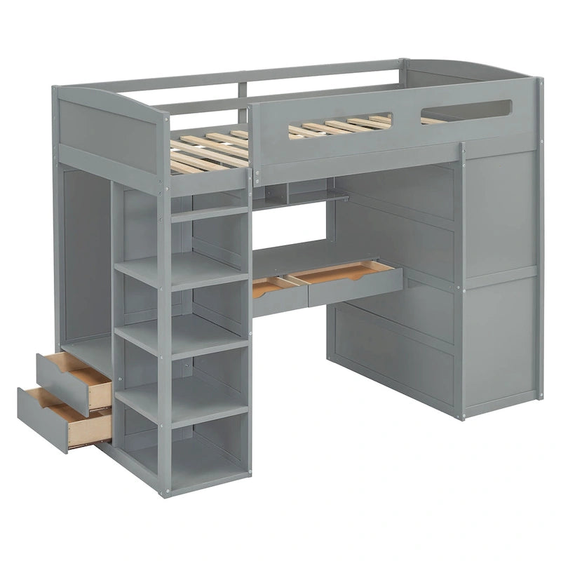 Letto a soppalco singolo bianco/grigio con scrivania, armadio e contenitore