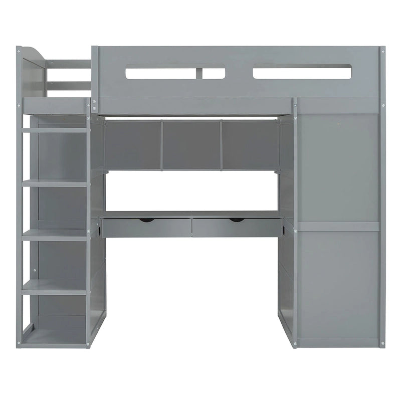 Letto a soppalco singolo bianco/grigio con scrivania, armadio e contenitore