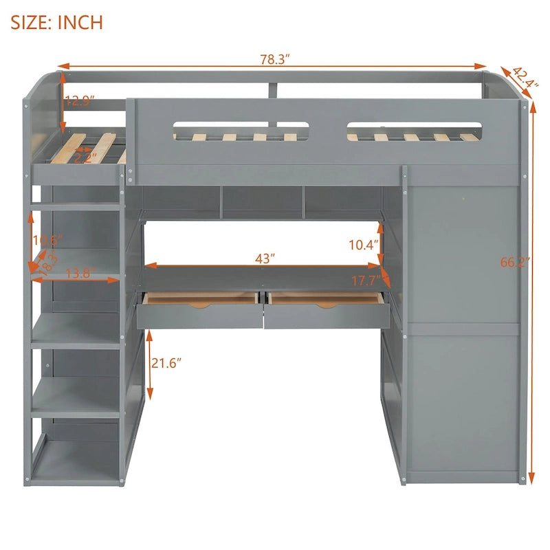 Letto a soppalco singolo bianco/grigio con scrivania, armadio e contenitore