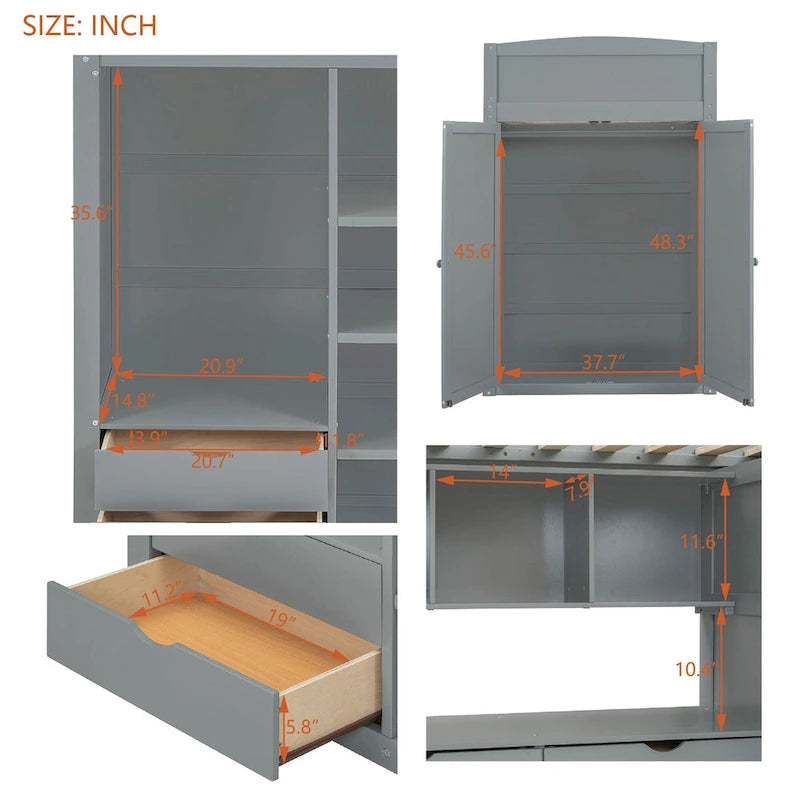 Letto a soppalco singolo bianco/grigio con scrivania, armadio e contenitore