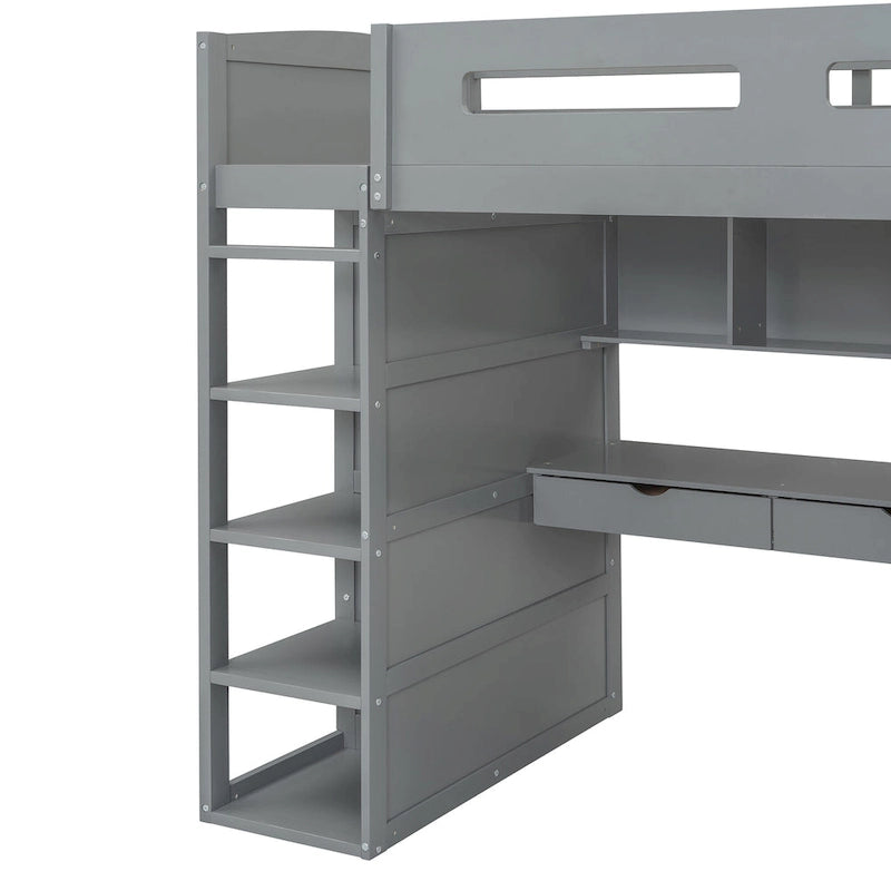 Letto a soppalco singolo bianco/grigio con scrivania, armadio e contenitore