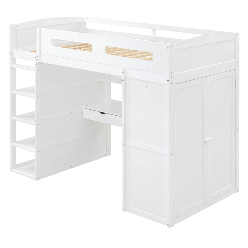 Letto a soppalco singolo bianco/grigio con scrivania, armadio e contenitore