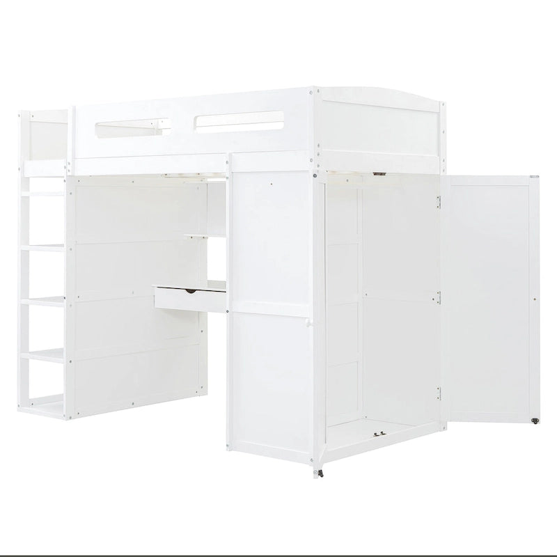 Letto a soppalco singolo bianco/grigio con scrivania, armadio e contenitore