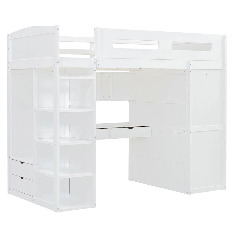 Letto a soppalco singolo bianco/grigio con scrivania, armadio e contenitore