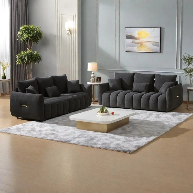 Divano Sezionale in Tessuto Teddy, 2 Pezzi 6 Posti (3+3), Beige / Nero / Verde, Fino a 6 Persone