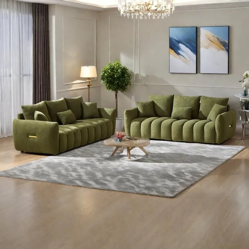 Divano Sezionale in Tessuto Teddy, 2 Pezzi 6 Posti (3+3), Beige / Nero / Verde, Fino a 6 Persone