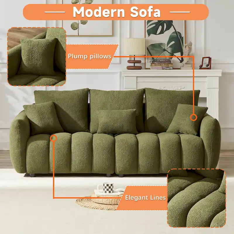 Divano Sezionale in Tessuto Teddy, 2 Pezzi 6 Posti (3+3), Beige / Nero / Verde, Fino a 6 Persone