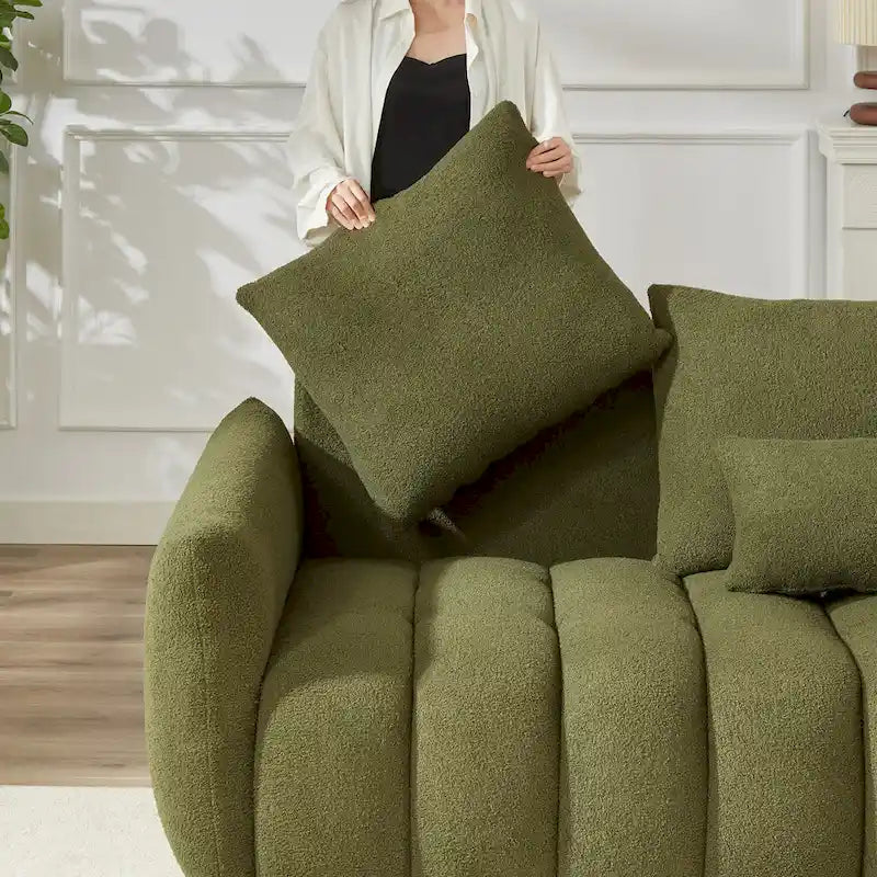 Divano Sezionale in Tessuto Teddy, 2 Pezzi 6 Posti (3+3), Beige / Nero / Verde, Fino a 6 Persone