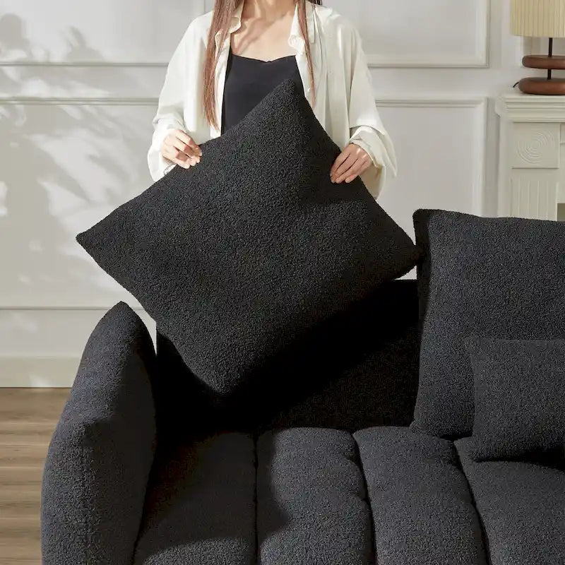 Divano Sezionale in Tessuto Teddy, 2 Pezzi 6 Posti (3+3), Beige / Nero / Verde, Fino a 6 Persone