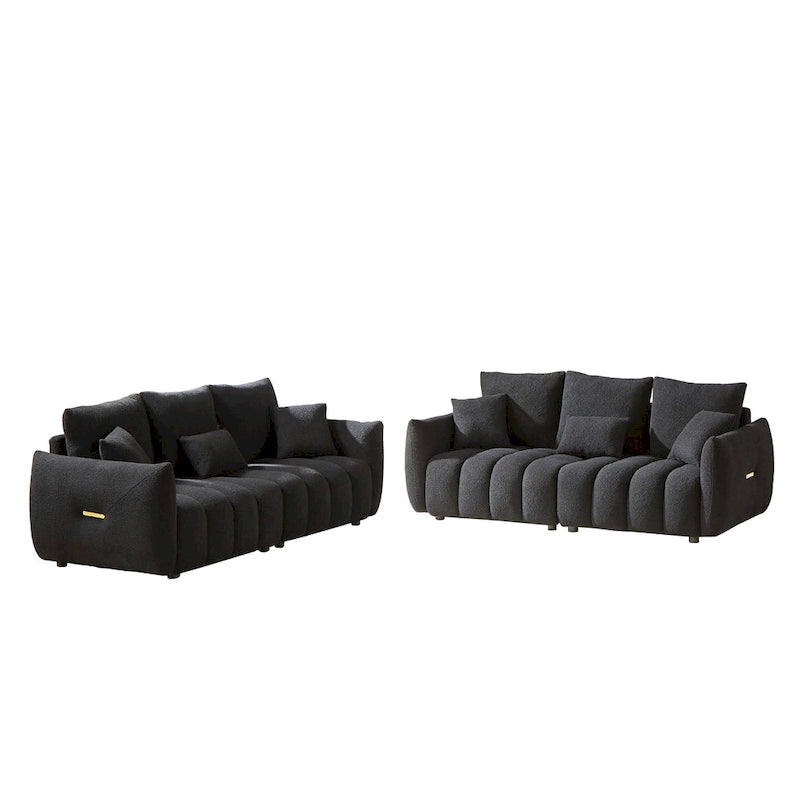 Divano Sezionale in Tessuto Teddy, 2 Pezzi 6 Posti (3+3), Beige / Nero / Verde, Fino a 6 Persone
