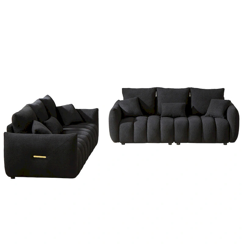 Divano Sezionale in Tessuto Teddy, 2 Pezzi 6 Posti (3+3), Beige / Nero / Verde, Fino a 6 Persone