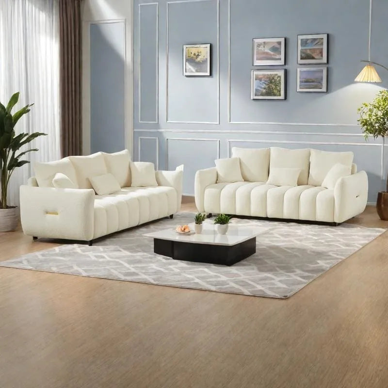 Divano Sezionale in Tessuto Teddy, 2 Pezzi 6 Posti (3+3), Beige / Nero / Verde, Fino a 6 Persone